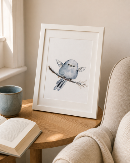 Blue Fairy Nestling art print displayed in a warm reading nook beside an open book and a ceramic cup.