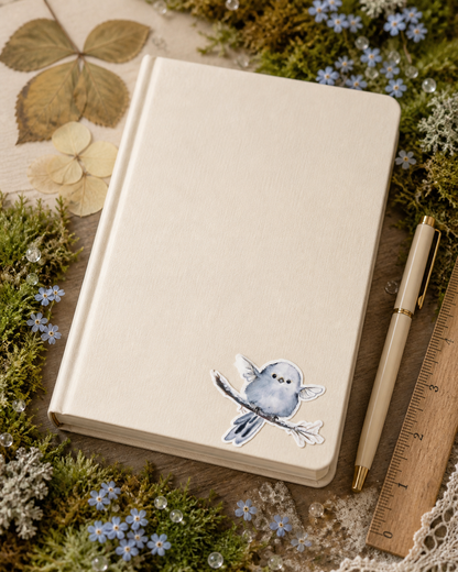 Blue Fairy Nestling vinyl sticker on a full-size journal with moss and blue flowers