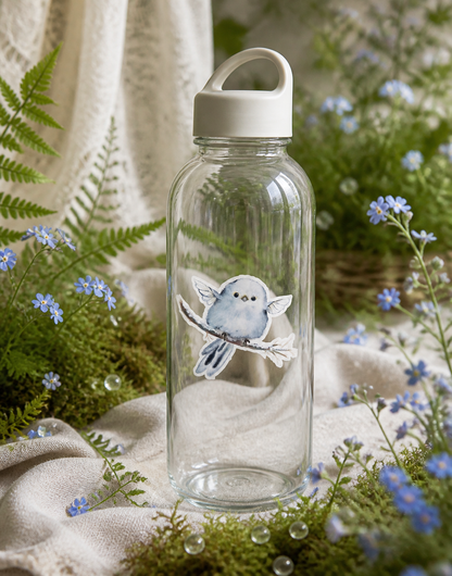 Blue Fairy Nestling vinyl sticker on a clear reusable water bottle with woodland flowers