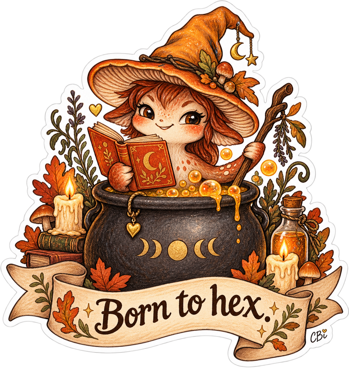 Born to Hex mushroom witch with an orange hat, spellbook, bubbling cauldron, autumn leaves and Born to hex banner.