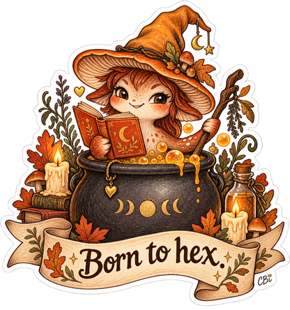 Born to Hex mushroom witch with an orange hat, spellbook, bubbling cauldron, autumn leaves and Born to hex banner.