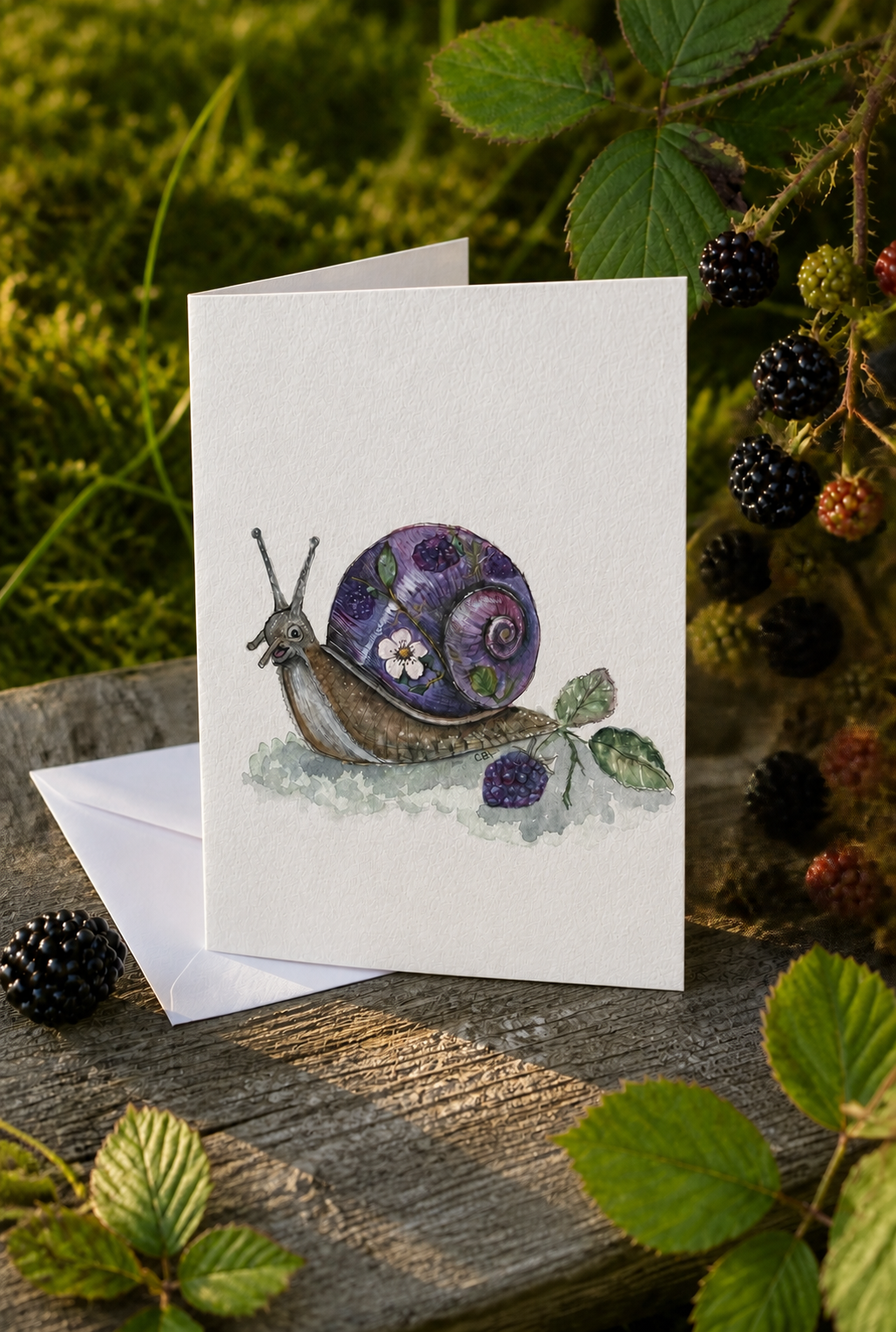 Bramble folded greeting card with envelope on a blackberry branch, correctly showing the left-side fold