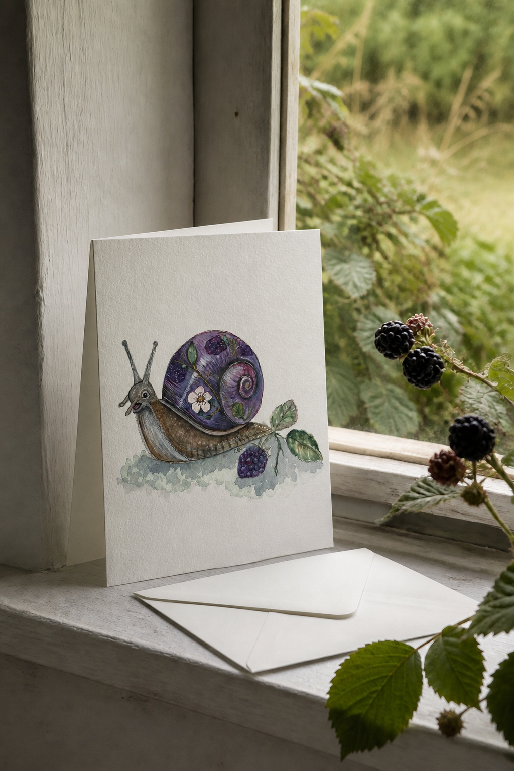 Bramble folded greeting card with envelope on a blackberry window sill