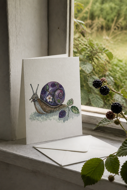 Bramble folded greeting card with envelope on a blackberry window sill
