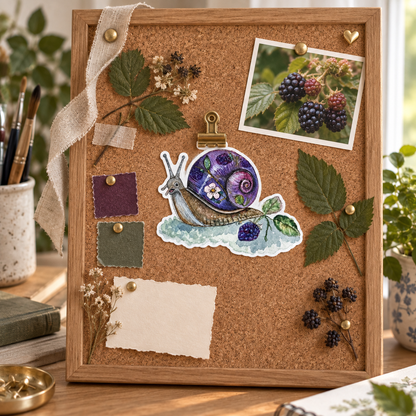 Bramble snail sticker displayed on a woodland inspiration board with pressed leaves, a berry photograph, and plum and sage swatches.