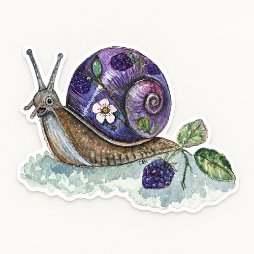 Bramble snail vinyl sticker with a purple blackberry shell, berry sprig, white border, and CBi signature.