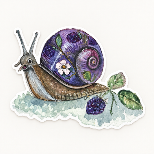 Bramble snail vinyl sticker with a purple blackberry shell, berry sprig, white border, and CBi signature.