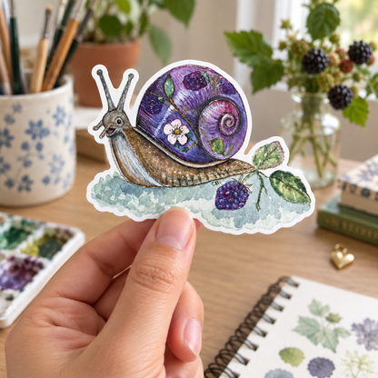 Bramble snail sticker held above a wooden studio desk with paintbrushes and a blackberry sprig.