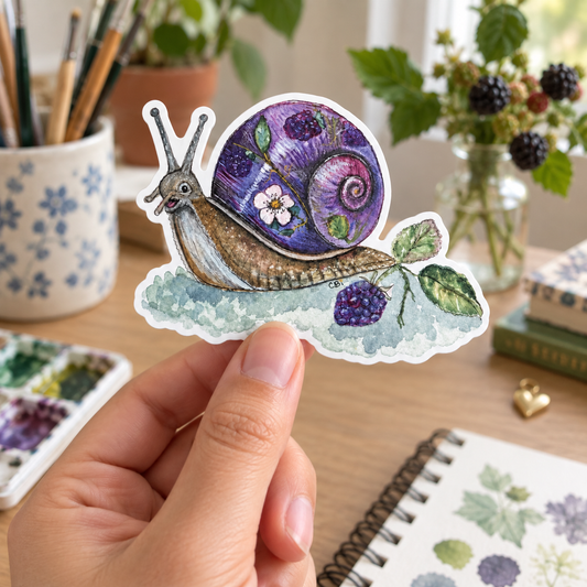 Bramble snail sticker held above a wooden studio desk with paintbrushes and a blackberry sprig.