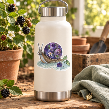Bramble snail sticker on a cream water bottle beside blackberry foliage and a sage cloth.