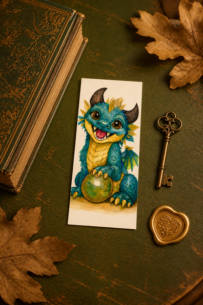 Brightwing Glimmerdrake art bookmark lying flat on a moss-green library table beside a closed storybook, antique key, gold heart seal, and dried leaves.
