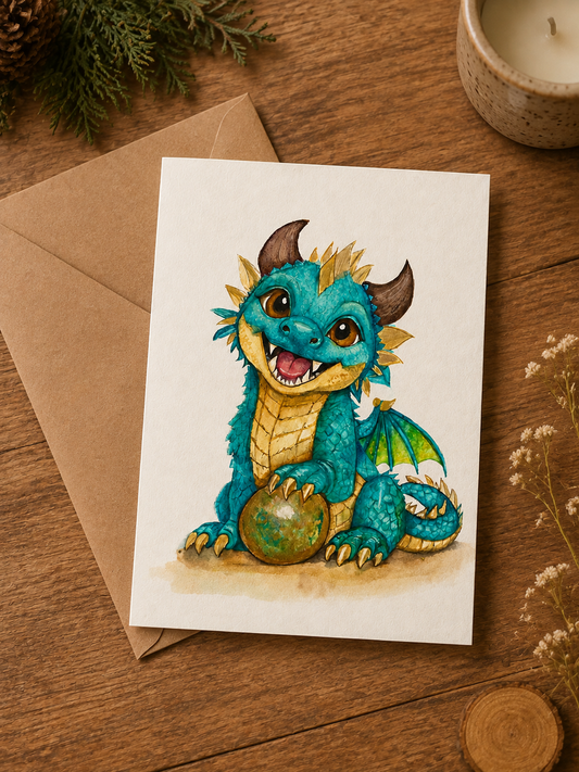 Brightwing greeting card beside an envelope on a warm woodland desk, featuring a turquoise watercolor dragon holding a green-and-gold egg.