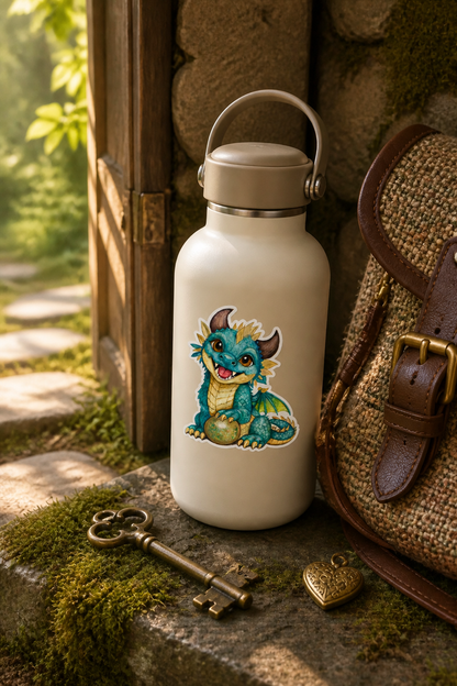 Brightwing teal Spriggle vinyl sticker on a cream water bottle in a mossy woodland cottage entryway beside an old brass key and gold heart charm.