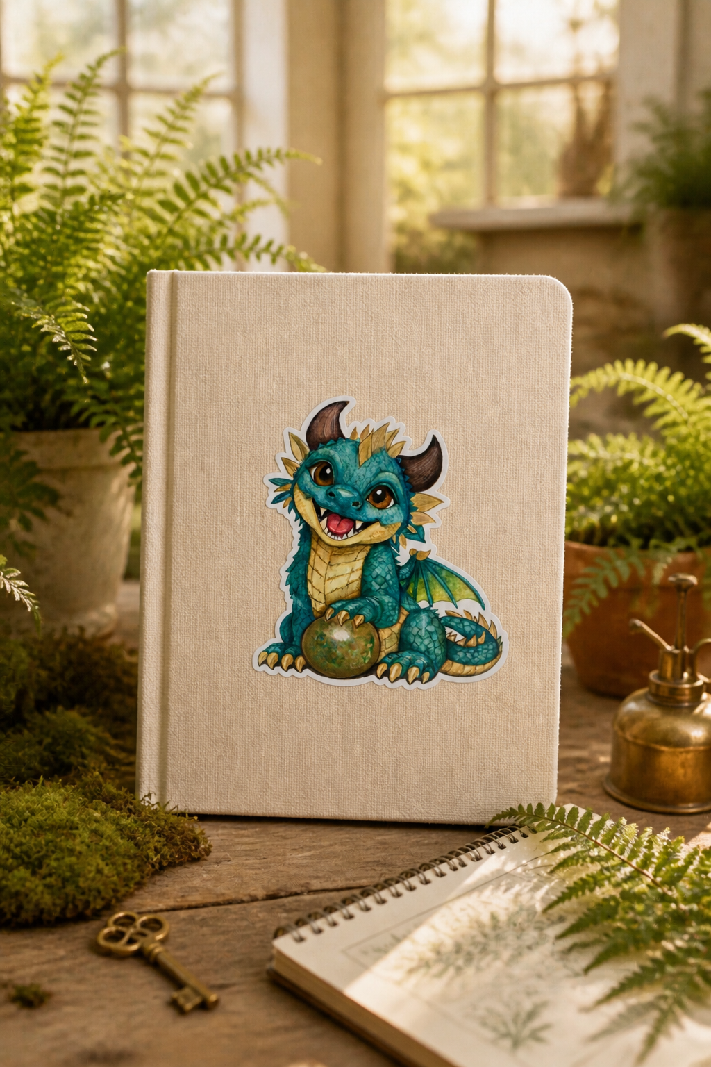 Brightwing teal Spriggle vinyl sticker on a cream canvas sketchbook in a sunlit cottage greenhouse with fern leaves, moss, and an antique key.