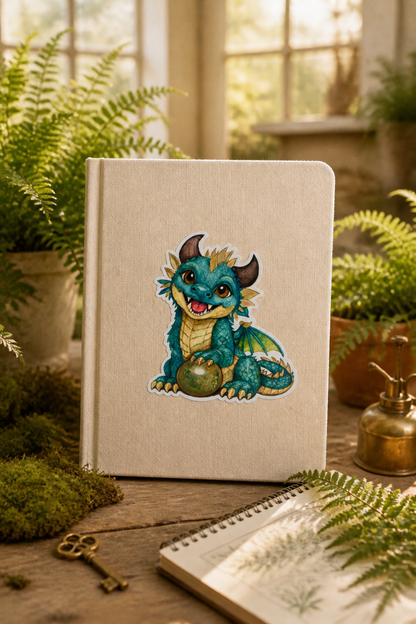 Brightwing teal Spriggle vinyl sticker on a cream canvas sketchbook in a sunlit cottage greenhouse with fern leaves, moss, and an antique key.