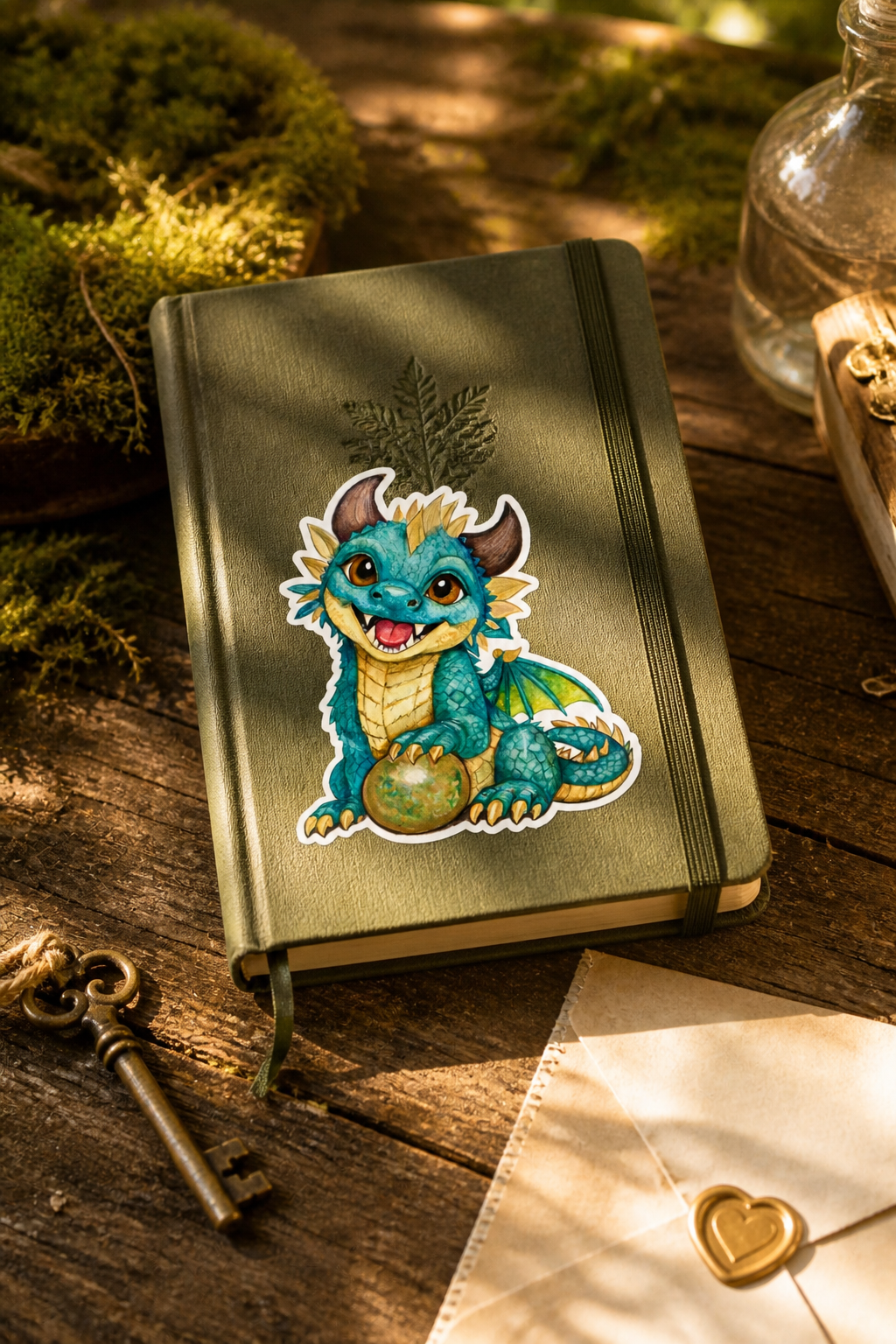 Brightwing teal Spriggle vinyl sticker adhered to a moss-green field journal beside an antique key, a gold heart wax seal, and woodland moss.