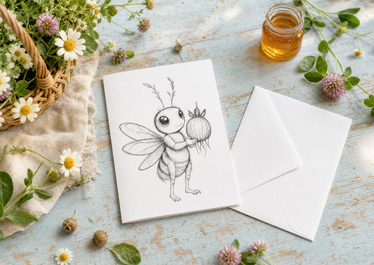 Bzzzlet greeting card mockup with daisies, clover, a gathering basket, and honey on a faded blue cottage table