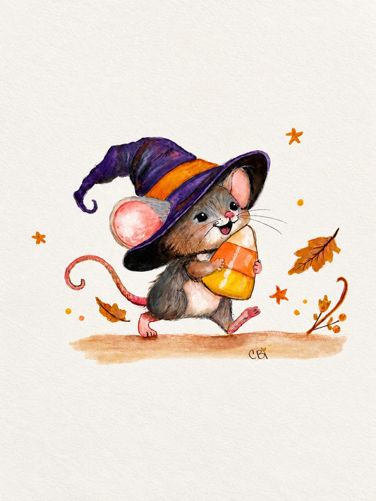 Watercolor mouse in a purple witch hat carrying candy corn among autumn leaves and gold stars, with the original CBi signature.