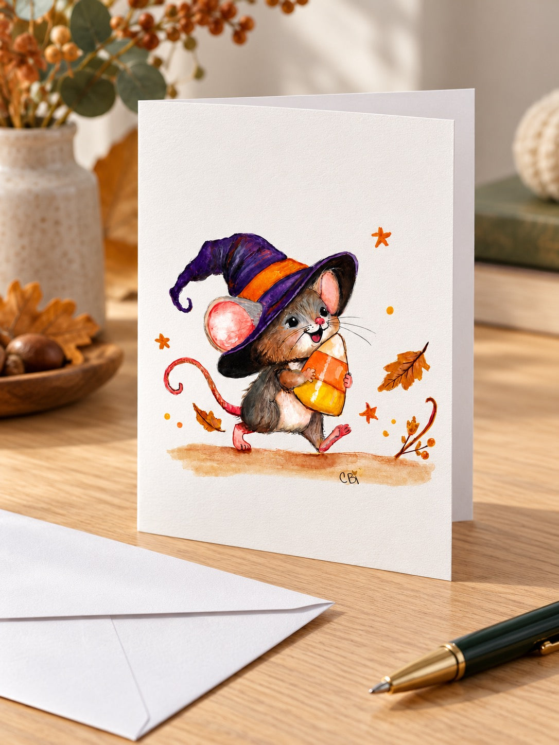 Candy Corn Mischief folded greeting card standing on a writing desk beside its envelope and a pen.