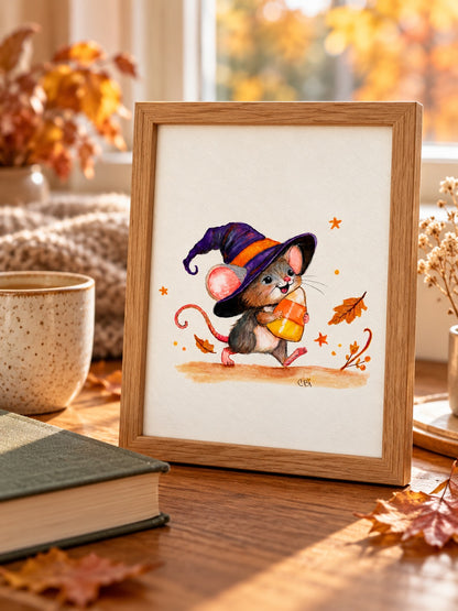 Candy Corn Mischief print in an oak frame beside a book and mug at an autumn window.