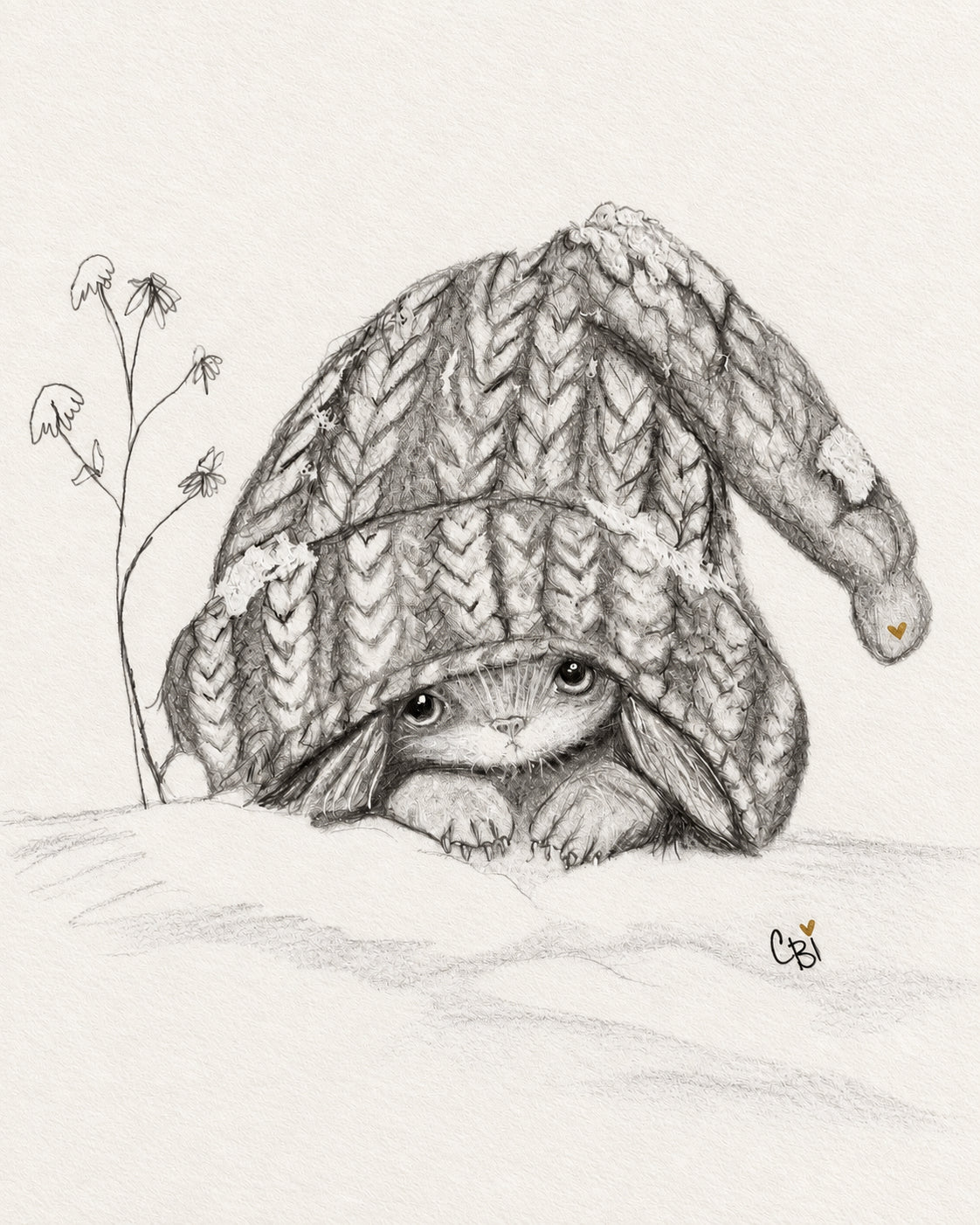 Graphite drawing of a long-eared Capling peeking from an oversized knitted cap, with delicate flowers, two tiny gold hearts and the CBi signature.