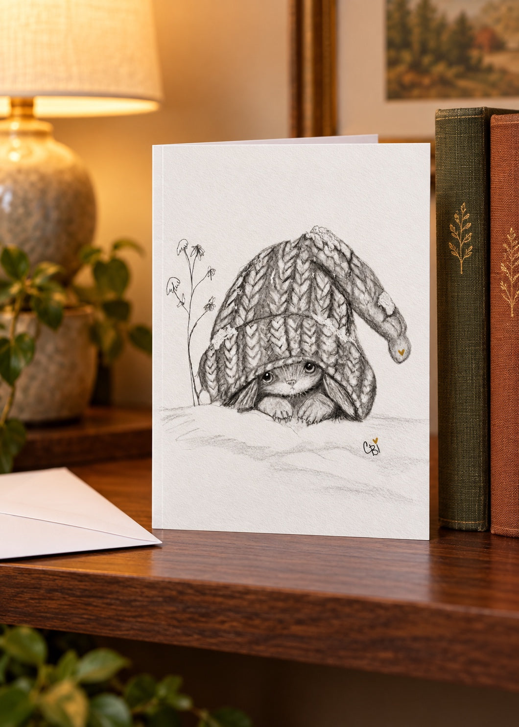 Caplings side-fold greeting card standing on a walnut shelf beside clothbound books, a warm lamp and a white envelope.
