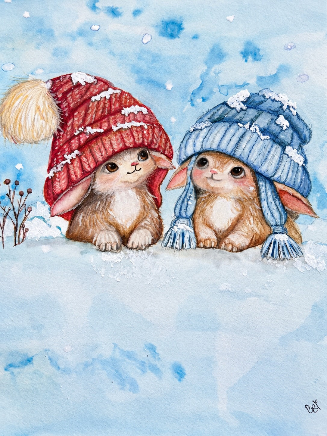 Two Caplings in oversized red and blue knitted hats sitting together in falling snow; original artwork with the CBi signature.