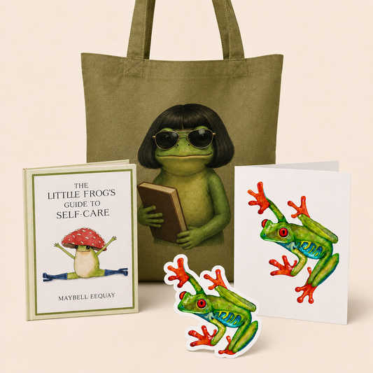 Frog gift set with a cottagecore frog tote, self-care book, Red-Eyed Frog vinyl sticker, and blank greeting card