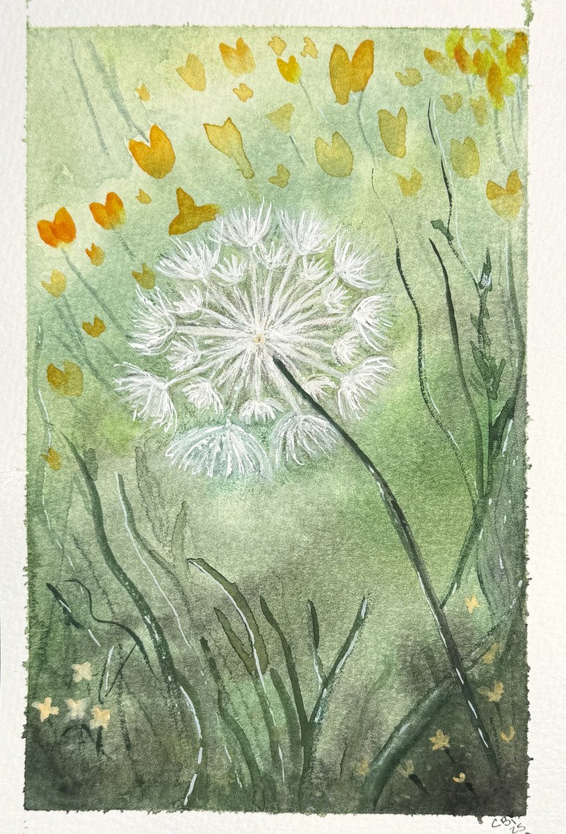 Dandelion watercolor artwork used on the card, showing the original brushwork and artist’s signature.