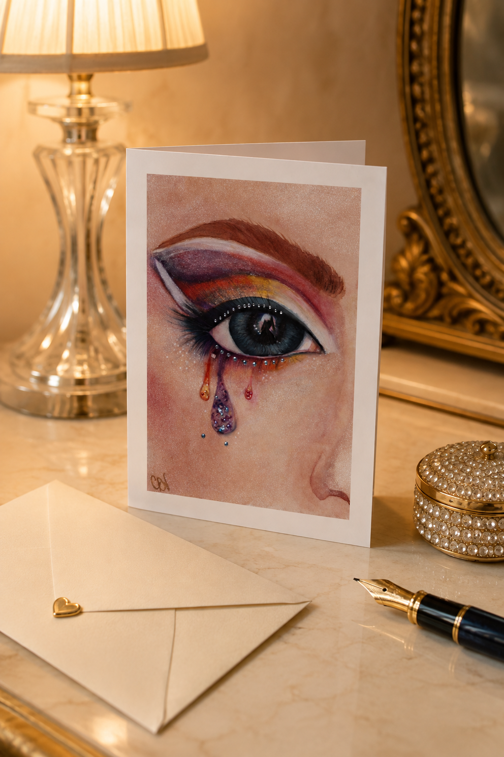 Side-folded Dreams in Glitter greeting card with envelope and fountain pen on a softly lit vanity correspondence desk.