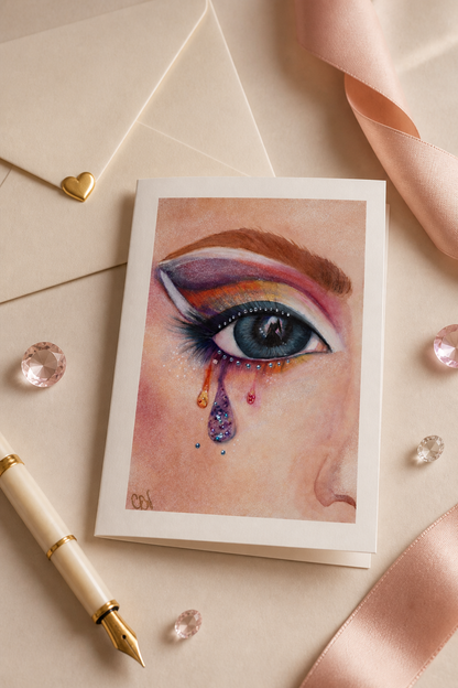 Dreams in Glitter greeting card and envelope in an overhead stationery flat lay with blush ribbon, pen, and crystal accents.