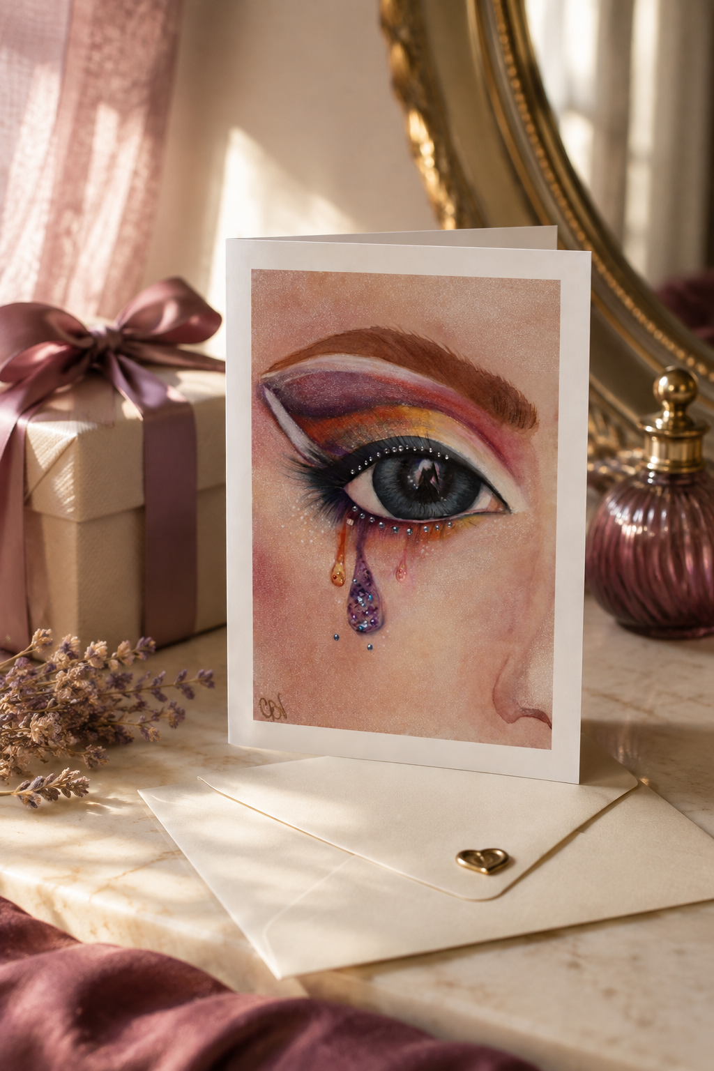 Side-folded Dreams in Glitter greeting card with envelope beside a wrapped gift in a softly lit dressing-room scene.