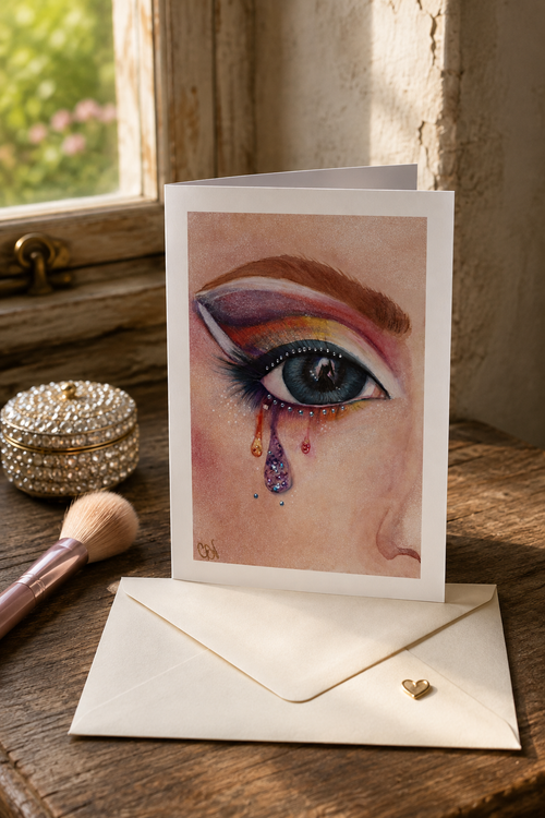 Folded Dreams in Glitter greeting card with envelope on a warm dressing table, featuring the symbolic watercolor eye portrait with rainbow makeup, rhinestones, and jeweled tears.