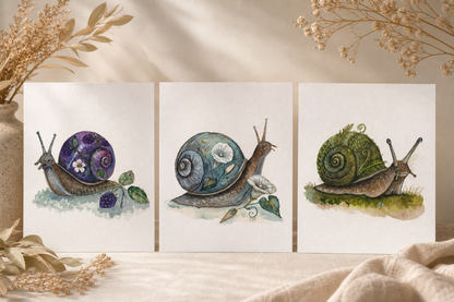 The Enchanted Snail Trio fine art prints shown together in a warm tabletop arrangement with natural dried foliage