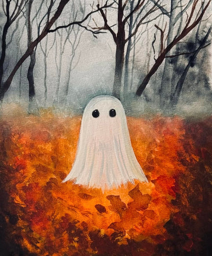 White ghost among bright orange fallen leaves beneath bare trees in a misty woodland.