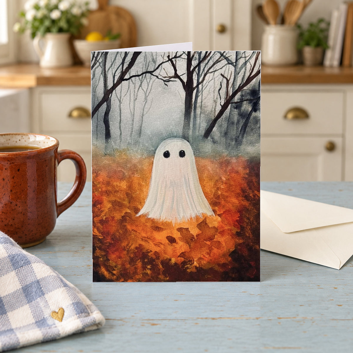 Fall Ghost greeting card standing on a pale blue kitchen table beside a tea mug, checked towel and envelope.