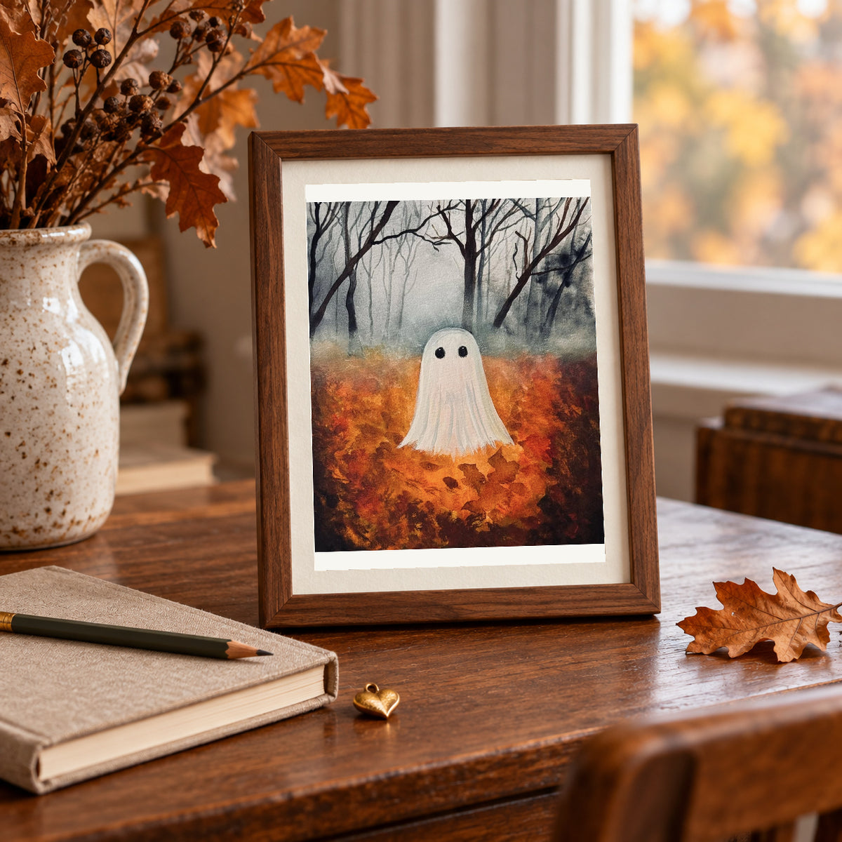 Fall Ghost print in a walnut frame on a writing desk beside a notebook, pencil and autumn leaves.