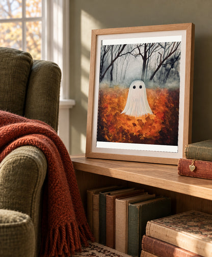 Fall Ghost print in an oak frame beside an olive reading chair, rust throw and books.