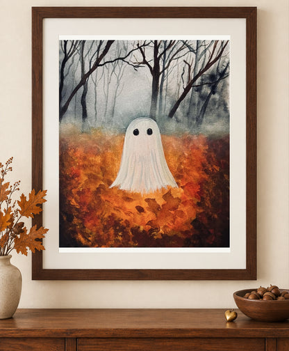 Fall Ghost print in a dark wood frame above a console with an acorn bowl and dried autumn stems.