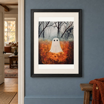 Fall Ghost print in a black frame on a blue hallway wall beside a doorway and a bench with a rust scarf.