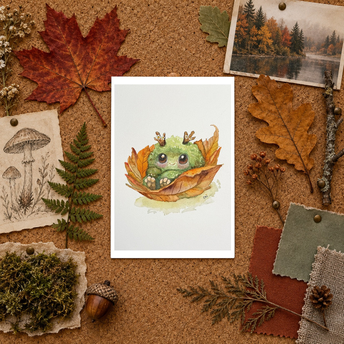 Fall Mossling 4 by 6 fine art print on an autumn woodland mood board