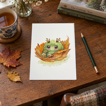Fall Mossling 5 by 7 fine art print on an autumn studio desk