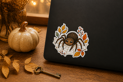Fall Spider sticky vinyl sticker on a matte black laptop beside a ceramic pumpkin and golden autumn leaves.
