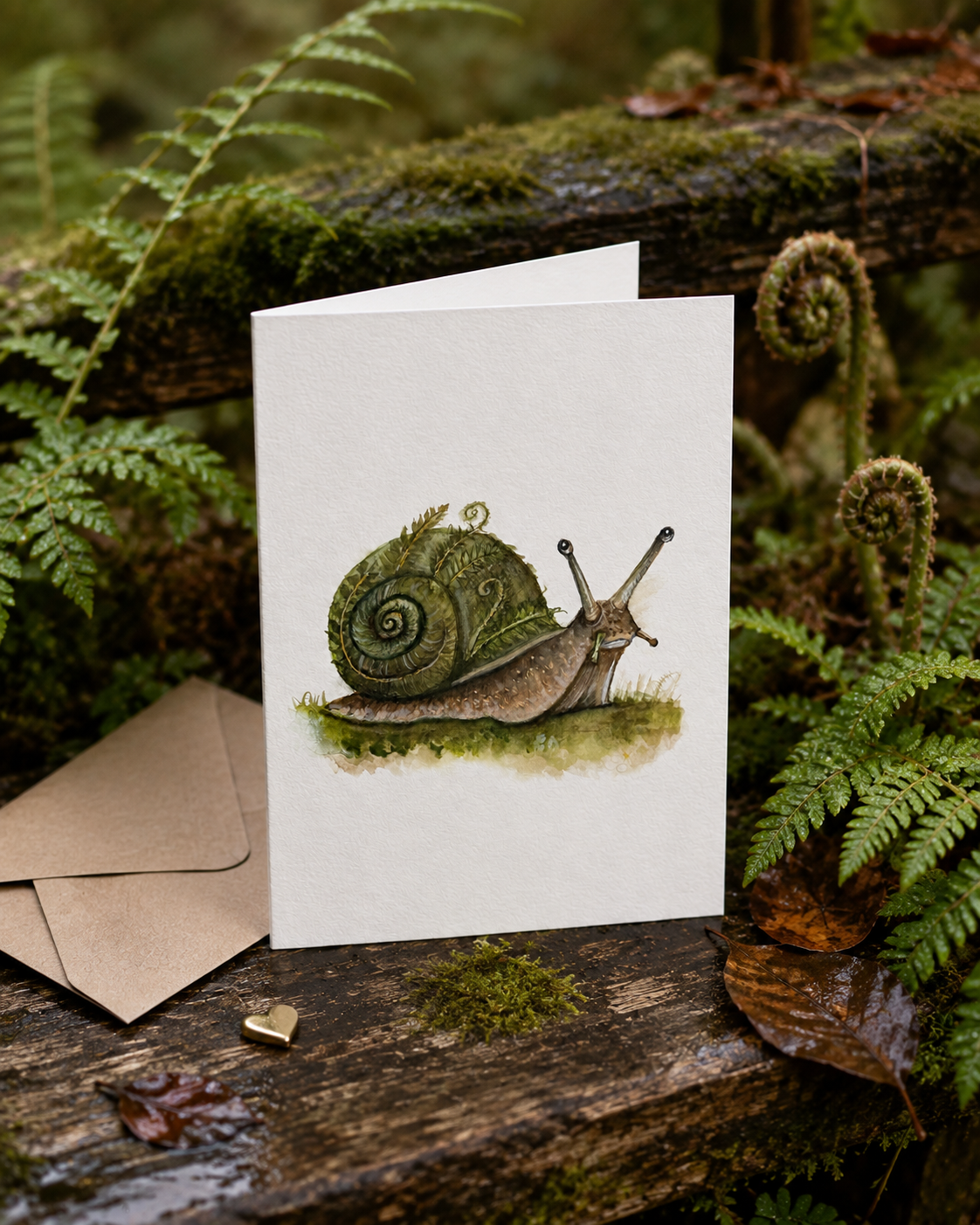 Ferncurl greeting card on a mossy wet woodland log