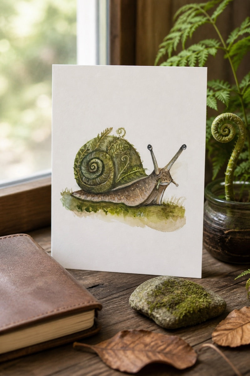 Ferncurl Snail art print propped on a naturalist desk beside a fern, mossy stone, journal, and fallen leaves