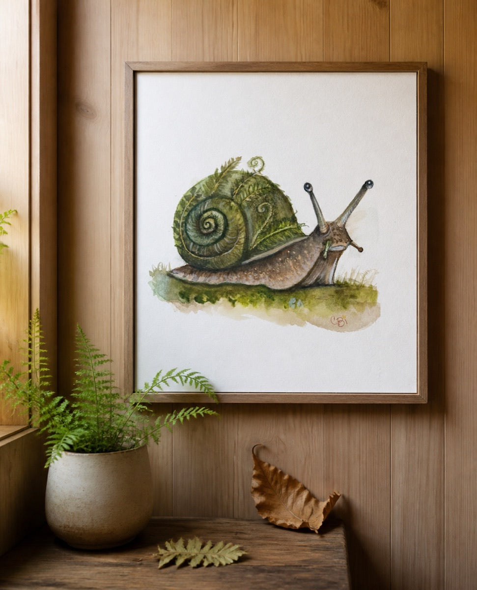Ferncurl Snail art print framed on a warm wooden shelf with a potted fern and fallen woodland leaves