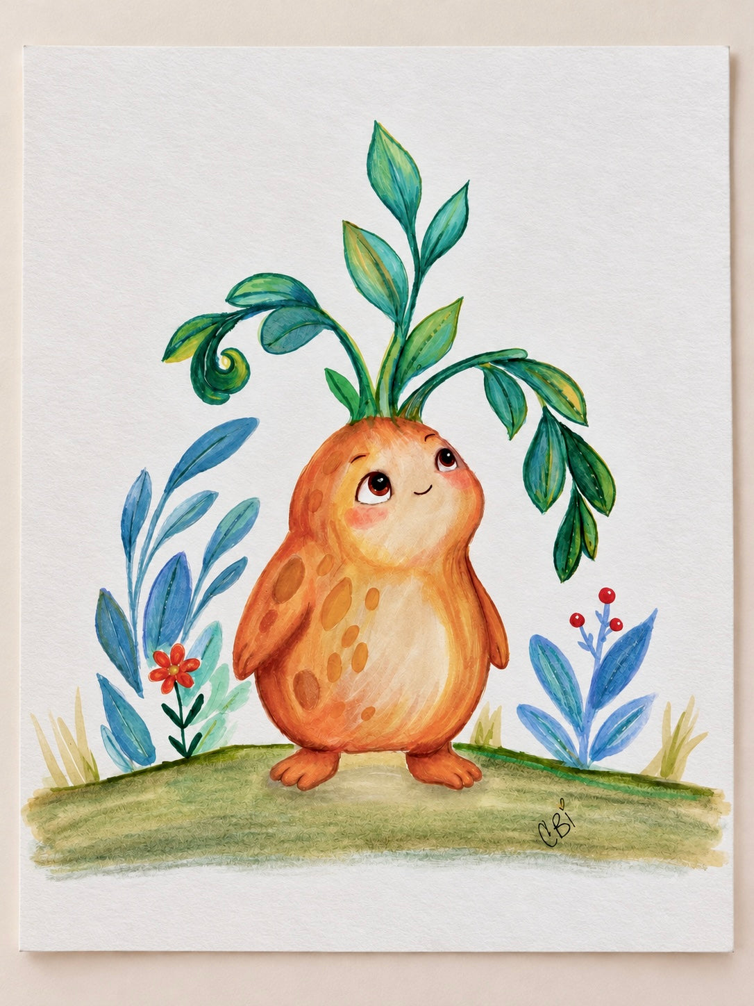 Figment, an orange creature with a green leafy crown, surrounded by blue plants and small red flowers.