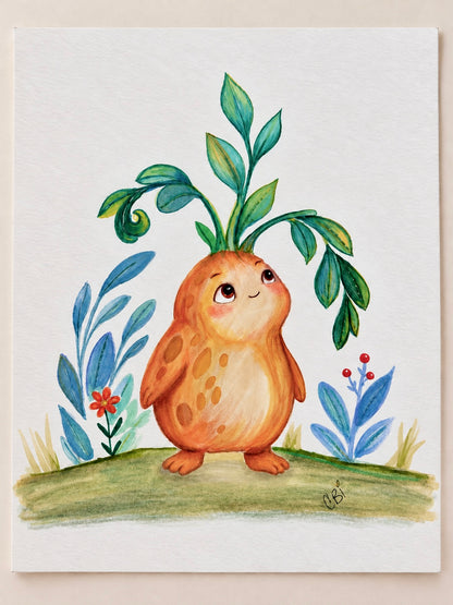 Figment, an orange creature with a green leafy crown, surrounded by blue plants and small red flowers.