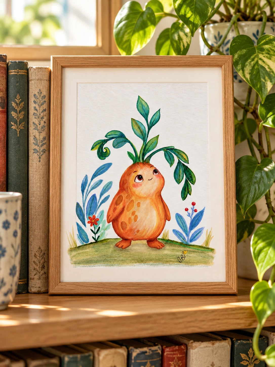 Small Figment print displayed beside books and a trailing plant.