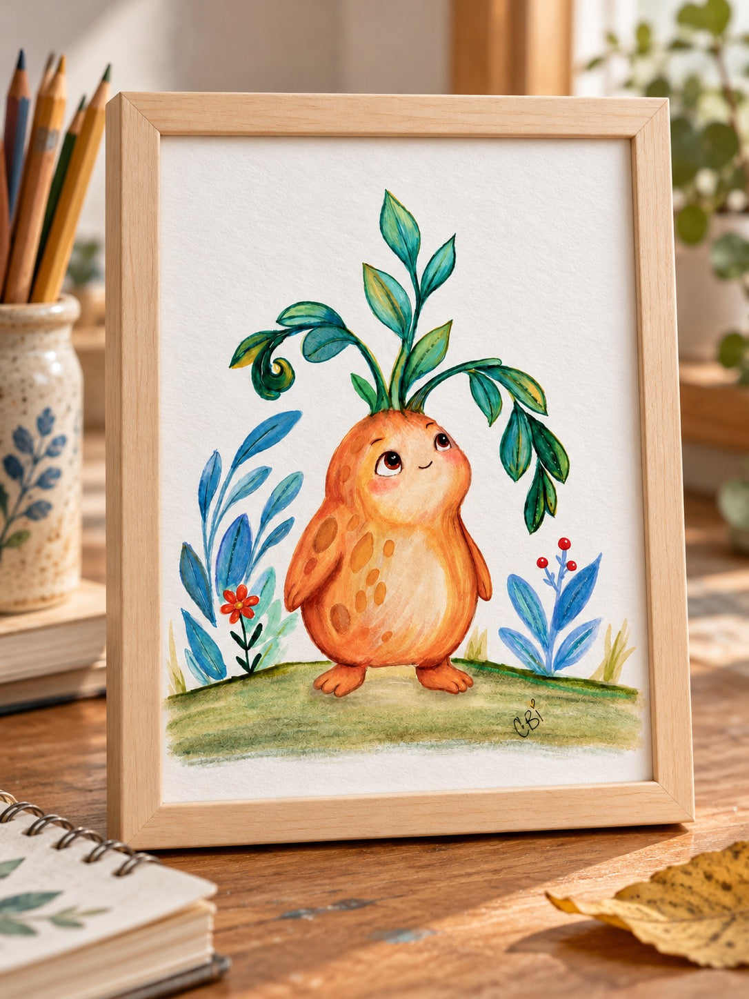 Figment print in a maple frame on an artist’s desk beside pencils and a sketchbook.